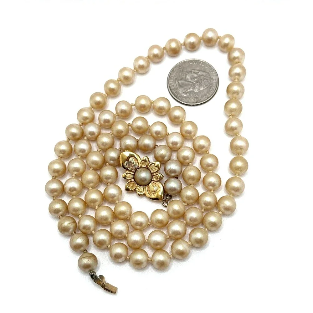 Vintage Faux Pearl Necklace Pale Gold Glass Bead Floral Clasp Statement 28
